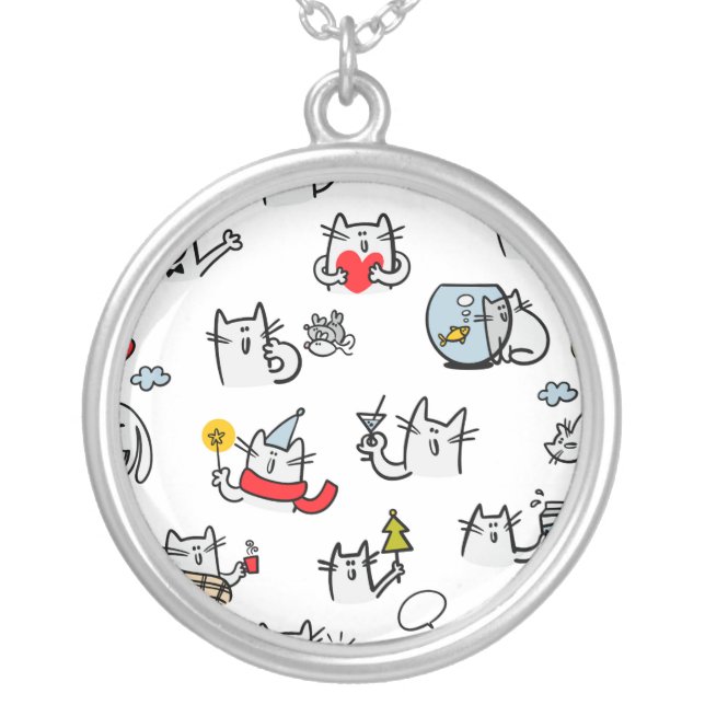 Funny cats, milk and magic. silver plated necklace (Front)