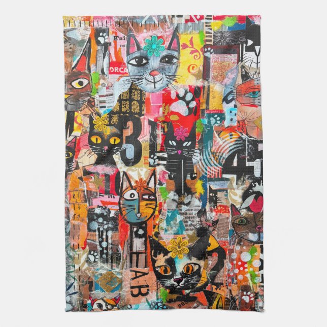 Funny Cats Mixed Media Paper Art Kitchen Towel (Vertical)