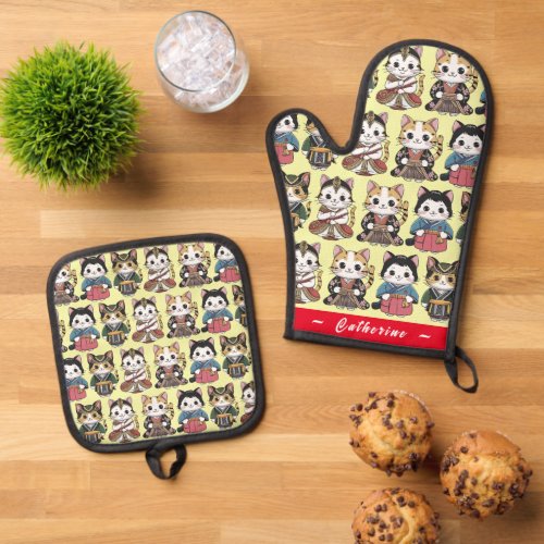 Funny Cats National Costume Personalized Oven Mitt  Pot Holder Set