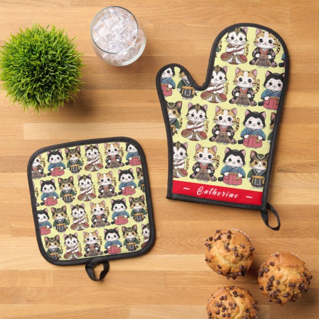Funny Cats National Costume (Personalized) Oven Mitt & Pot Holder Set (Top Down)
