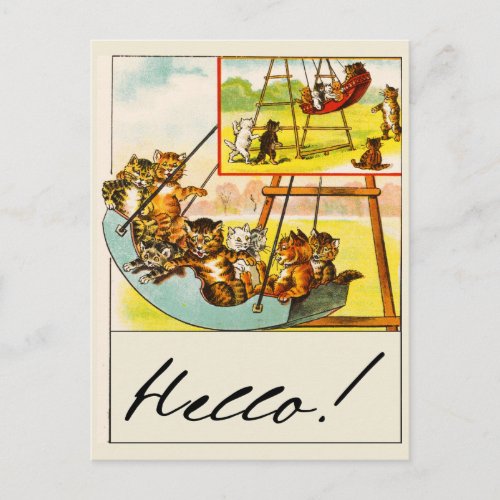 Funny Cats Playing on Playground Swing Hello Postcard