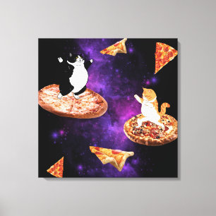 Funny cats riding pizza on space canvas print