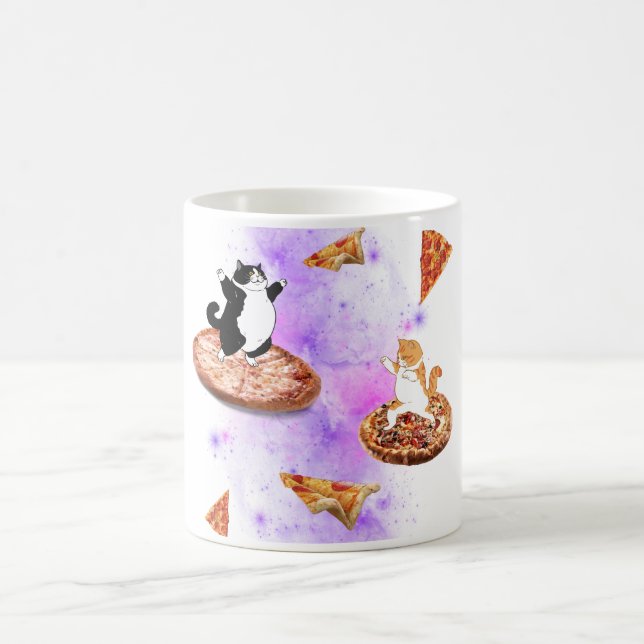 Funny cats riding pizza on space coffee mug (Center)