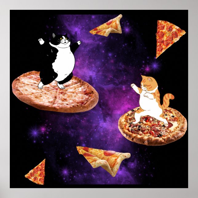 Funny cats riding pizza on space poster (Front)