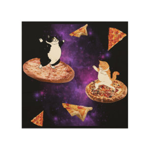Funny cats riding pizza on space wood wall art