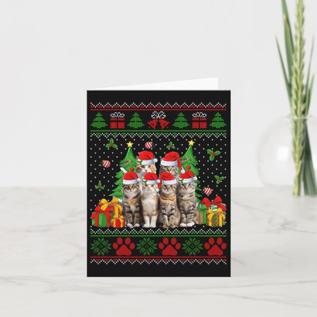 Funny Cats Santa Hat Christmas Tree Ugly Christmas Card (Front)