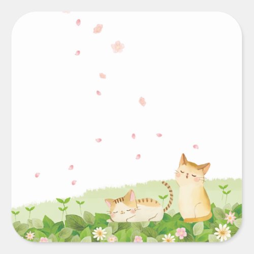 Funny Cats Singing under Cherry Blossoms Square Sticker