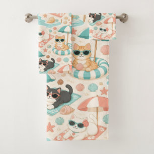 Funny Cats Sunbathing Beach Day Tropical Vacation Bath Towel Set