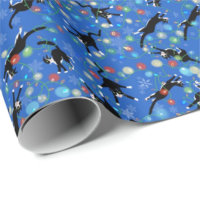 Funny Cats Tangle in Christmas Lights Wrapping Pap Paper (Roll Corner)