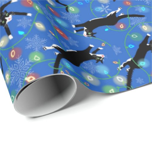 Funny Cats Tangle in Christmas Lights Wrapping Paper