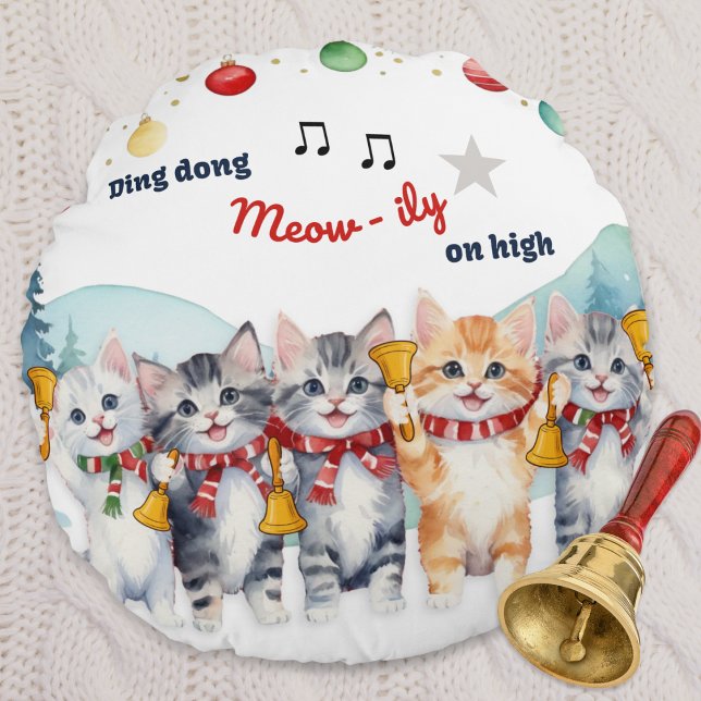 Funny Cats Watercolor Personalized Christmas Round Pillow (A round pillow with funny cartoon of cats playing their favorite Christmas carol on hand bells)