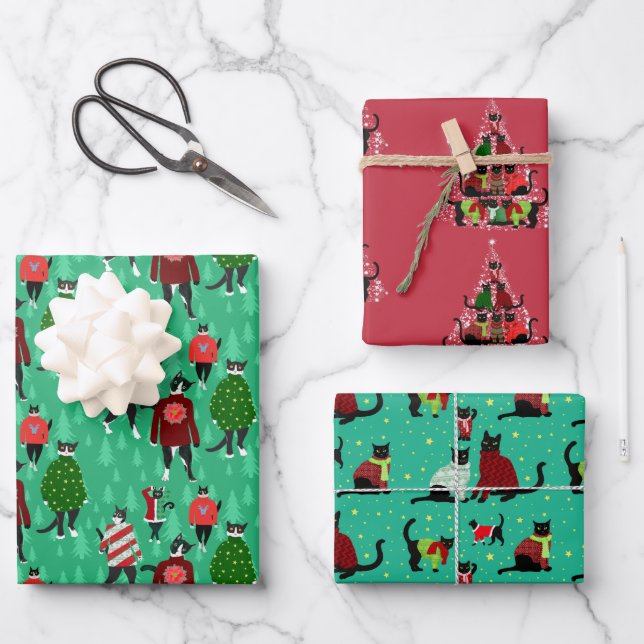 Funny Cats Wear Christmas Sweaters Trio Wrapping Paper Sheets (Front)