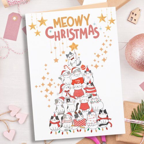 Funny Cats Xmas Tree Meowy Christmas Folded Card