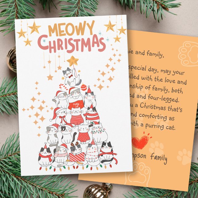 Funny Cats Xmas Tree Meowy Christmas Holiday  Card (Funny Cats Xmas Tree Meowy Christmas Flat Card (Front))