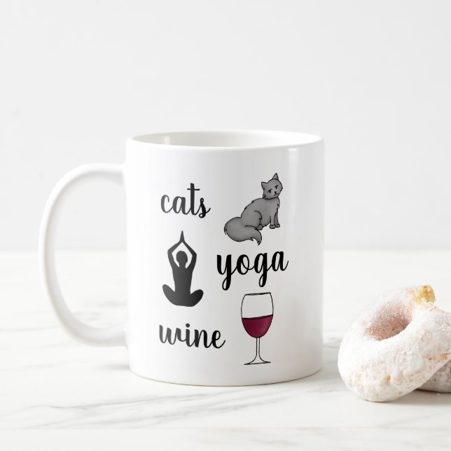 Funny Cats Yoga Wine Lover Coffee Mug (With Donut)