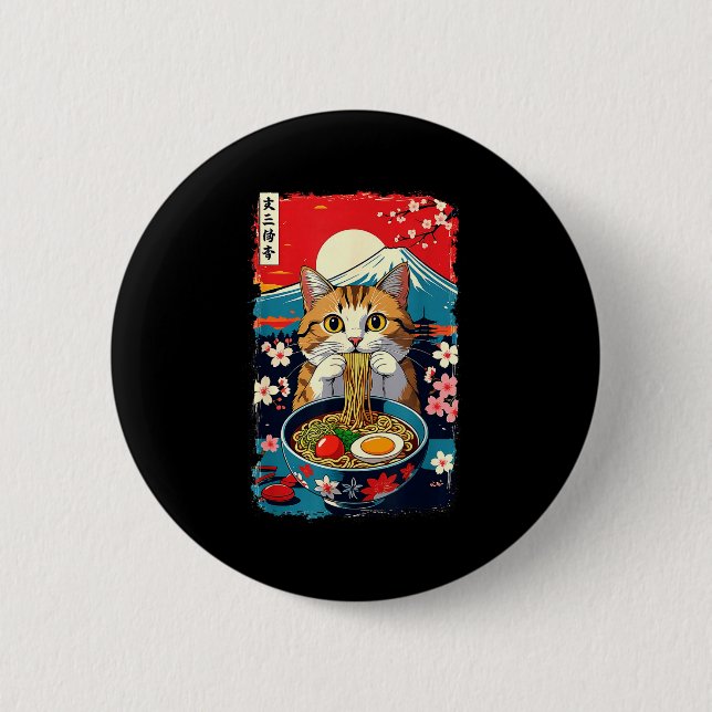 Funny Catzilla Anime Ramen Japanese Cat Men Women  Button (Front)