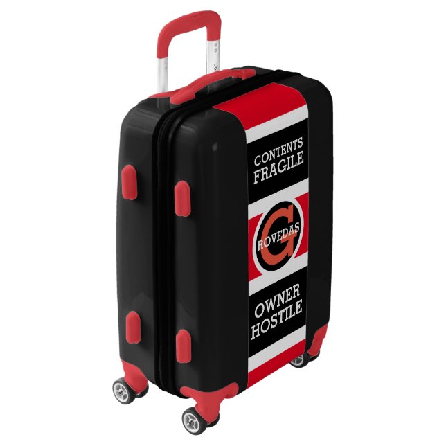 Funny Caution Advisory Monogram on Red White Black Luggage (Rotated Left)