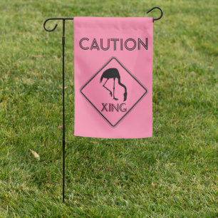 Funny Caution Pink Flamingo Crossing Garden Flag