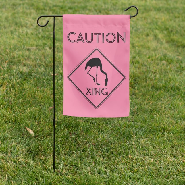 Funny Caution Pink Flamingo Crossing  Garden Flag (In SItu)