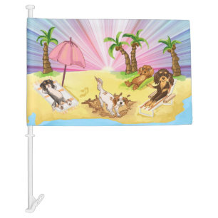 Funny Cavalier King Charles Spaniels at the Beach Car Flag
