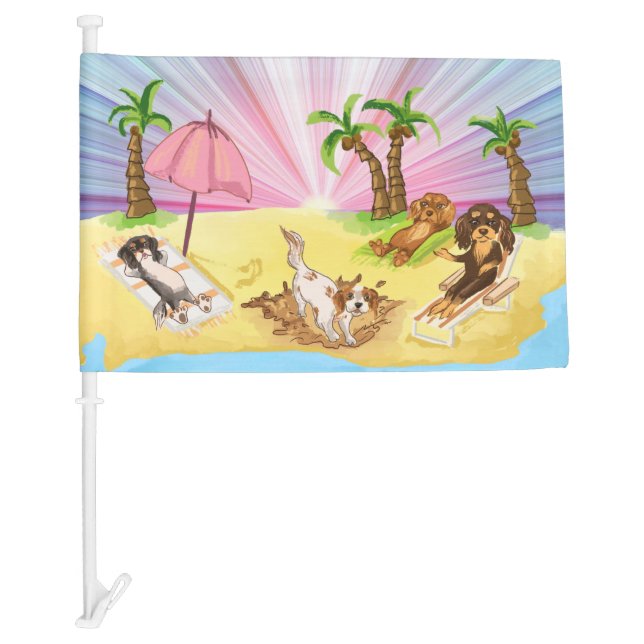 Funny Cavalier King Charles Spaniels at the Beach Car Flag (Front)