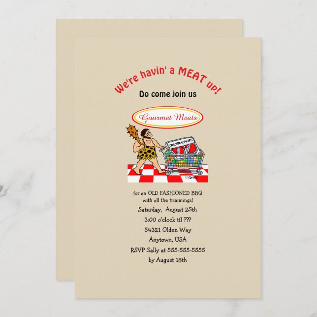 Funny Caveman Old Fashioned MEAT Up BBQ  Invitation (Front/Back)