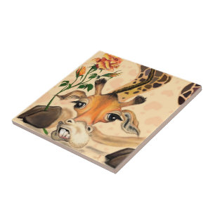 Funny Ceramic Tile Giraffe with Rose