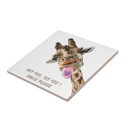 Funny Ceramic Tile with Playful Giraffe _ Smile