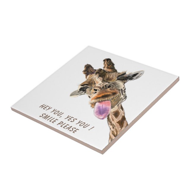 Funny Ceramic Tile with Playful Giraffe - Smile (Side)