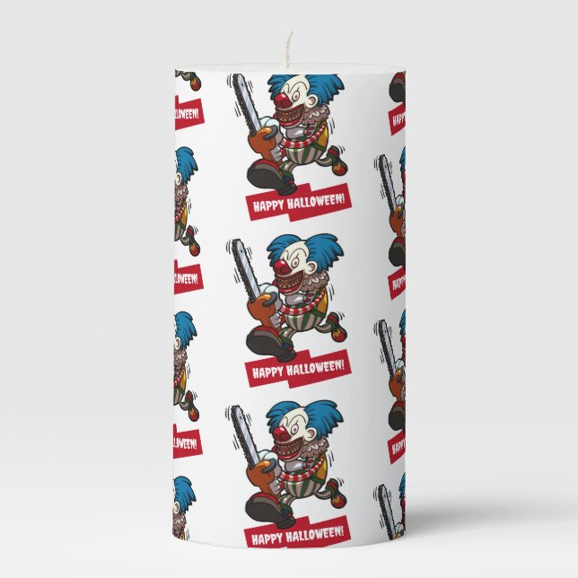 Funny Chainsaw Clown Happy Halloween Cartoon Pillar Candle (Front)