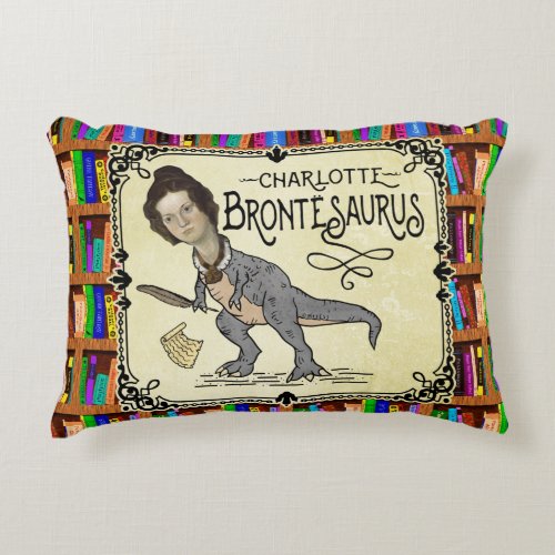 Funny Charlotte Bronte Saurus Dinosaur Book Reader Accent Pillow