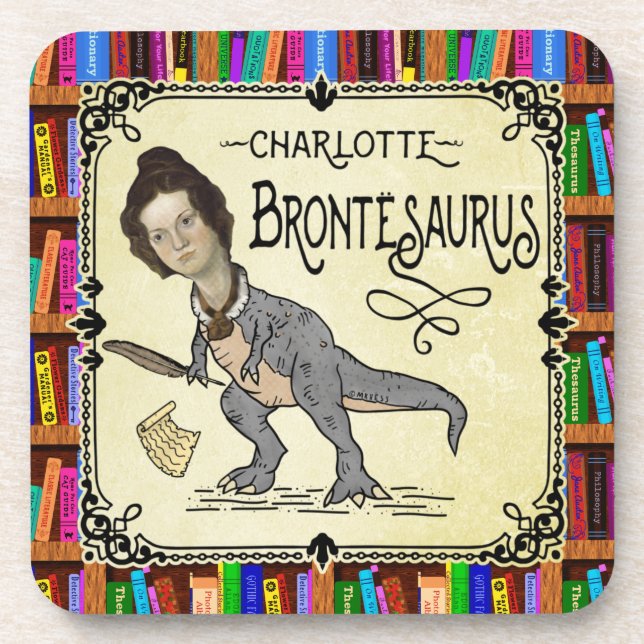 Funny Charlotte Bronte Saurus Dinosaur Book Reader Beverage Coaster (Front)