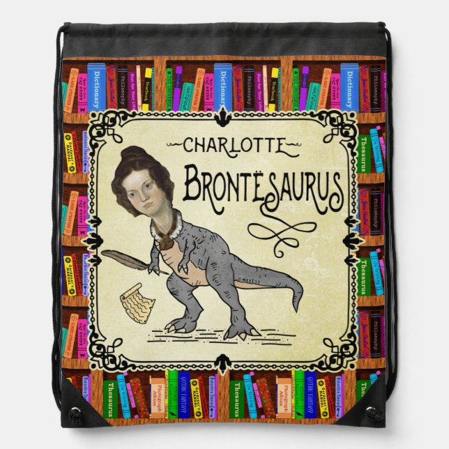 Funny Charlotte Bronte Saurus Dinosaur Book Reader Drawstring Bag (Front)