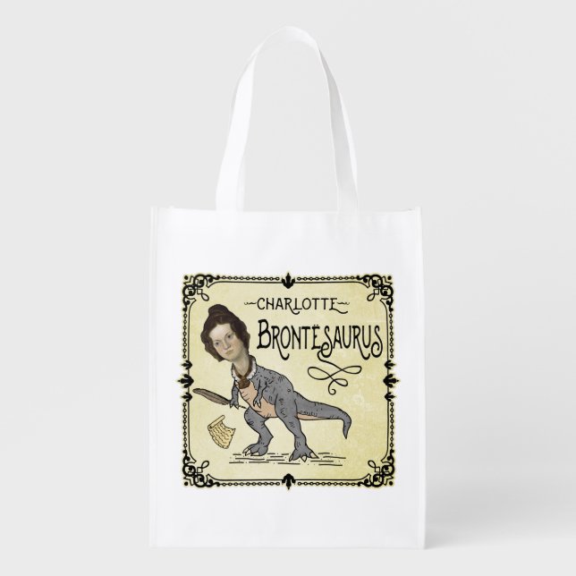 Funny Charlotte Bronte Saurus Dinosaur Book Reader Grocery Bag (Front)