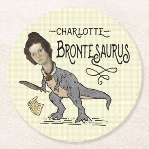 Funny Charlotte Bronte Saurus Dinosaur Book Reader Round Paper Coaster