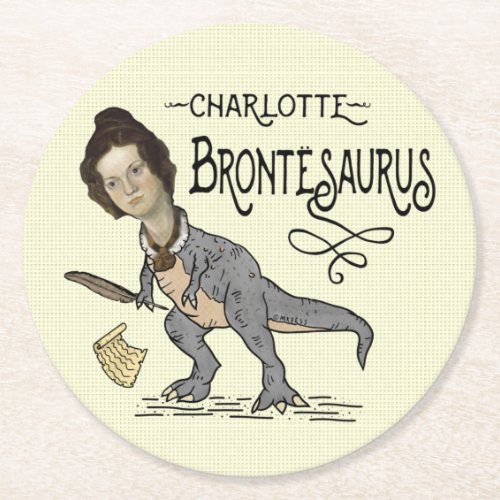 Funny Charlotte Bronte Saurus Dinosaur Book Reader Round Paper Coaster