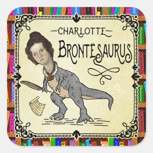 Funny Charlotte Bronte Saurus Dinosaur Book Reader Square Sticker (Front)