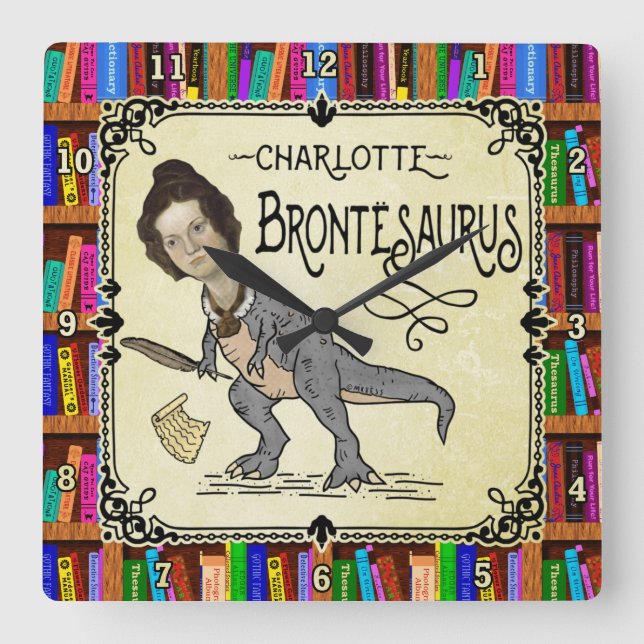 Funny Charlotte Bronte Saurus Dinosaur Book Reader Square Wall Clock (Front)