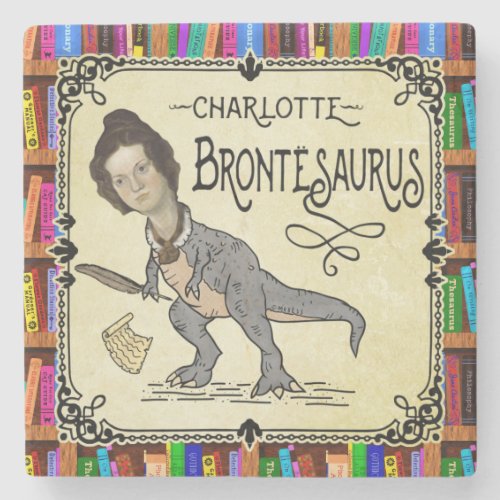 Funny Charlotte Bronte Saurus Dinosaur Book Reader Stone Coaster