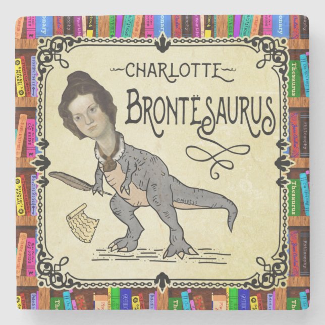 Funny Charlotte Bronte Saurus Dinosaur Book Reader Stone Coaster (Front)