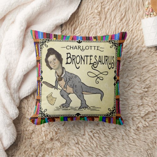 Funny Charlotte Bronte Saurus Dinosaur Book Reader Throw Pillow