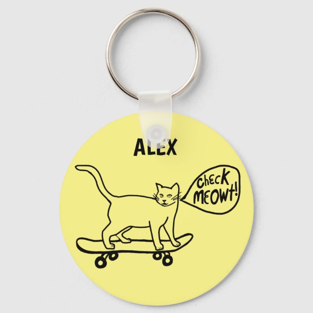 Funny Check MEOWT Skateboarding Cat CUSTOM Keychain (Front)