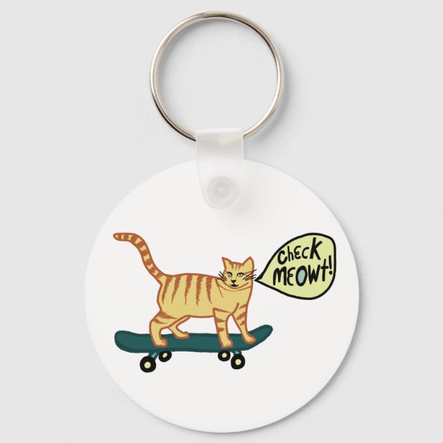 Funny Check MEOWT Skateboarding Cat Keychain (Front)