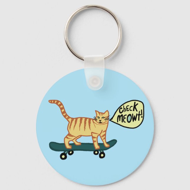 Funny Check MEOWT Skateboarding Cat Keychain (Front)