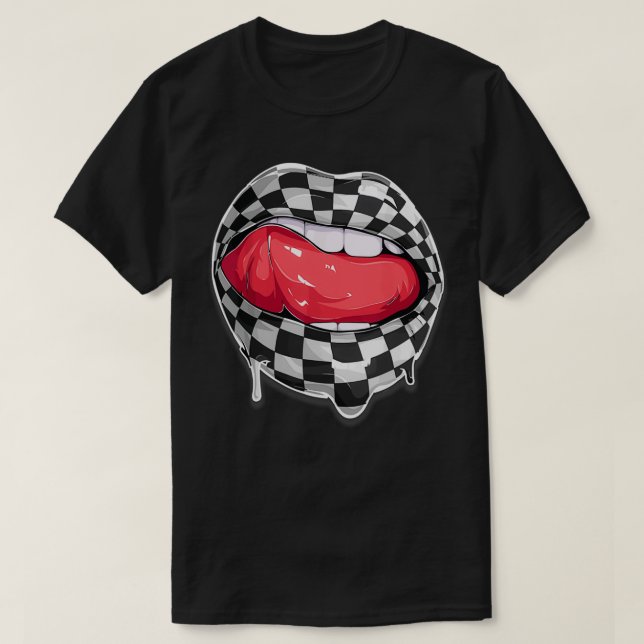 Funny Checkered Black White Lip Cute Checkerboard  T-Shirt (Design Front)