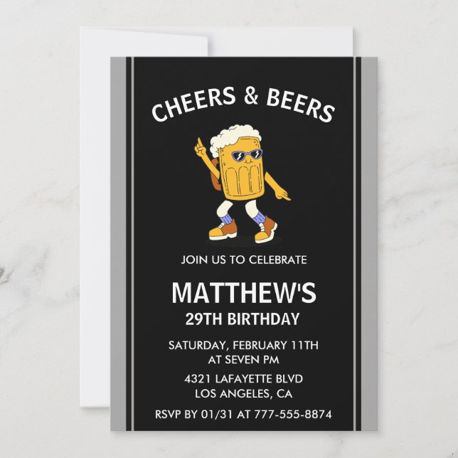Funny Cheers and Beers 29th birthday invitations (Front)