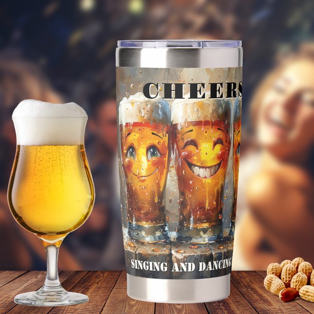 Funny Cheers and Beers Birthday Celebration Insulated Tumbler (Thermal tumbler featuring a funny illustration with beer.)