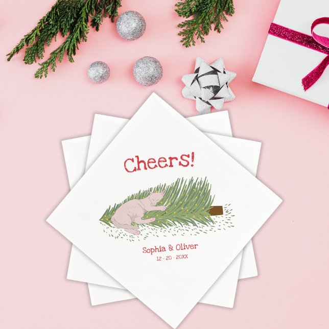 Funny Cheers White Cat vs Christmas Tree Holidays Napkins (Creator Uploaded)