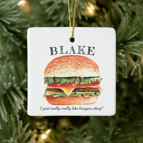 Funny Cheeseburger Burger  Monogram Christmas Ceramic Ornament