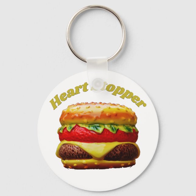 Funny Cheeseburger Heart Stopper Design Keychain (Front)